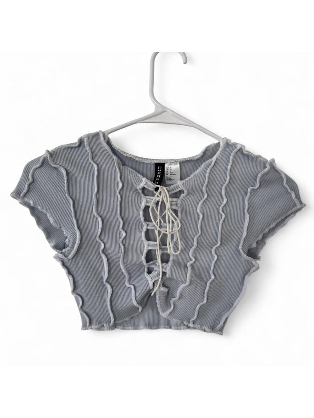 H&M Ligh Blue Ribbed Front Lace Up Skimpy Y2K Patchwork Cropped Tee Size XS